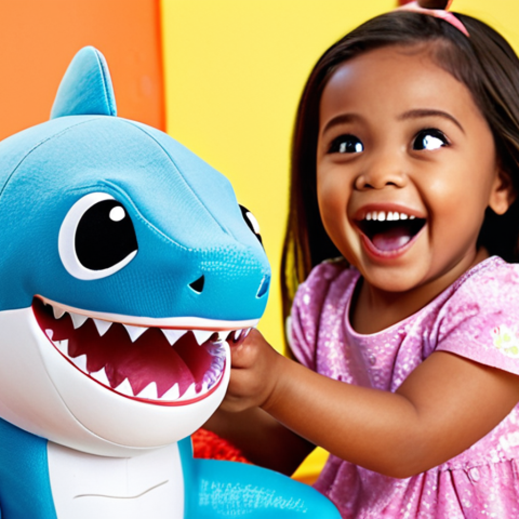 **Image of a happy child playing with a Baby Shark singing doll.** Focus on the toy and the child's joyful expression. Include a colorful background suggesting a playroom.