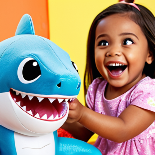 **Image of a happy child playing with a Baby Shark singing doll.** Focus on the toy and the child's joyful expression. Include a colorful background suggesting a playroom.