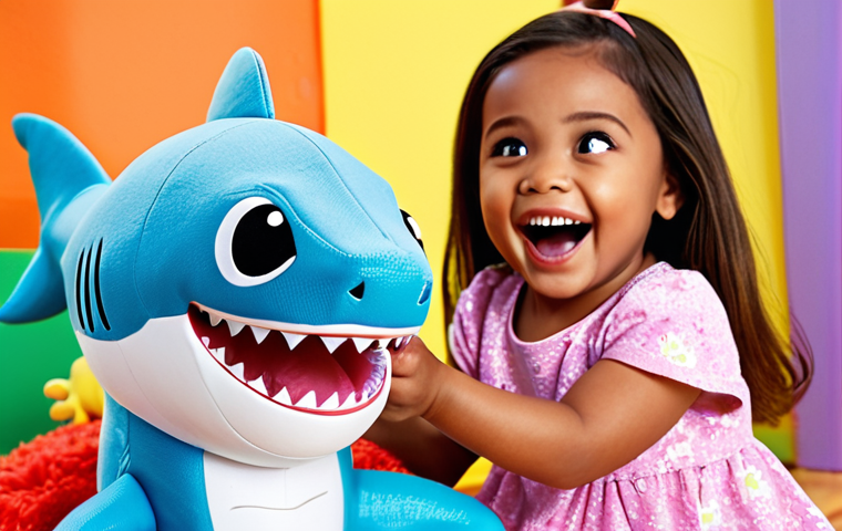 **Image of a happy child playing with a Baby Shark singing doll.** Focus on the toy and the child's joyful expression. Include a colorful background suggesting a playroom.