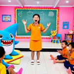 **

A vibrant, playful scene of diverse children (Thai children are especially welcome) singing and dancing along to a Pinkfong song playing on their tablets. The setting is a brightly decorated modern kindergarten classroom in Thailand. Include Pinkfong and Baby Shark cartoon characters interacting with the children.

**