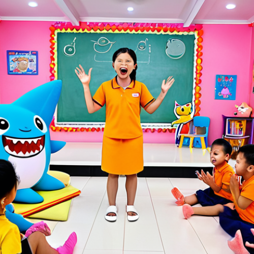 **

A vibrant, playful scene of diverse children (Thai children are especially welcome) singing and dancing along to a Pinkfong song playing on their tablets. The setting is a brightly decorated modern kindergarten classroom in Thailand. Include Pinkfong and Baby Shark cartoon characters interacting with the children.

**
