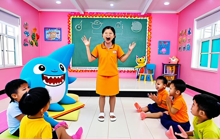 **

A vibrant, playful scene of diverse children (Thai children are especially welcome) singing and dancing along to a Pinkfong song playing on their tablets. The setting is a brightly decorated modern kindergarten classroom in Thailand. Include Pinkfong and Baby Shark cartoon characters interacting with the children.

**
