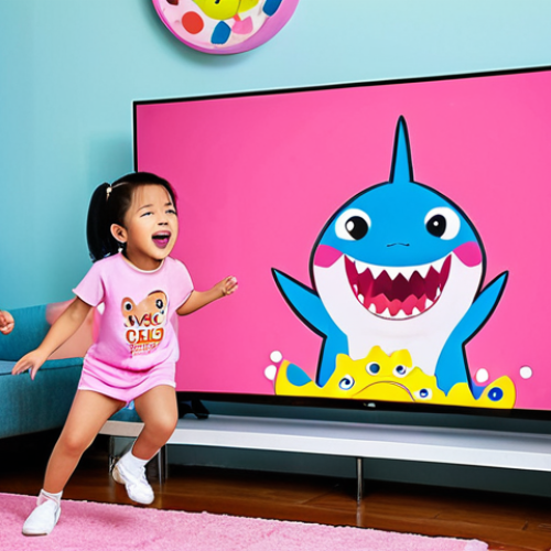 **

A group of happy Thai children dancing and singing along to Pinkfong's "Baby Shark" on a colorful TV screen in a modern living room. The children are wearing Pinkfong-themed clothing.

**