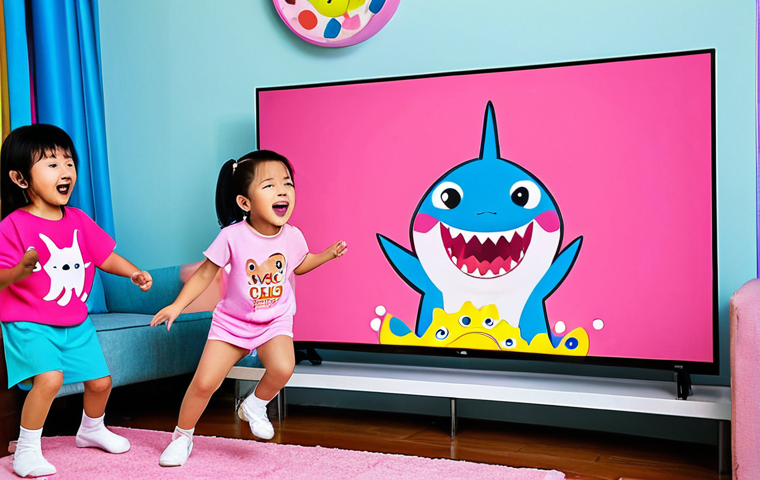 **

A group of happy Thai children dancing and singing along to Pinkfong's "Baby Shark" on a colorful TV screen in a modern living room. The children are wearing Pinkfong-themed clothing.

**