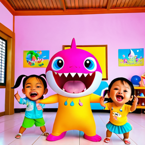 A vibrant and colorful scene of Thai children joyfully singing and dancing along to Pinkfong's Baby Shark in a modern Thai home. The atmosphere is filled with laughter and positive energy, highlighting the fun and engaging aspects of Pinkfong's content for early childhood development.