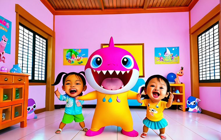 A vibrant and colorful scene of Thai children joyfully singing and dancing along to Pinkfong's Baby Shark in a modern Thai home. The atmosphere is filled with laughter and positive energy, highlighting the fun and engaging aspects of Pinkfong's content for early childhood development.